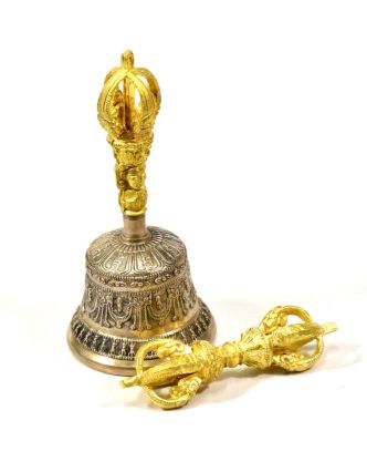 Tibetský zvon a dorje, mosazná barva, ornament, 15cm