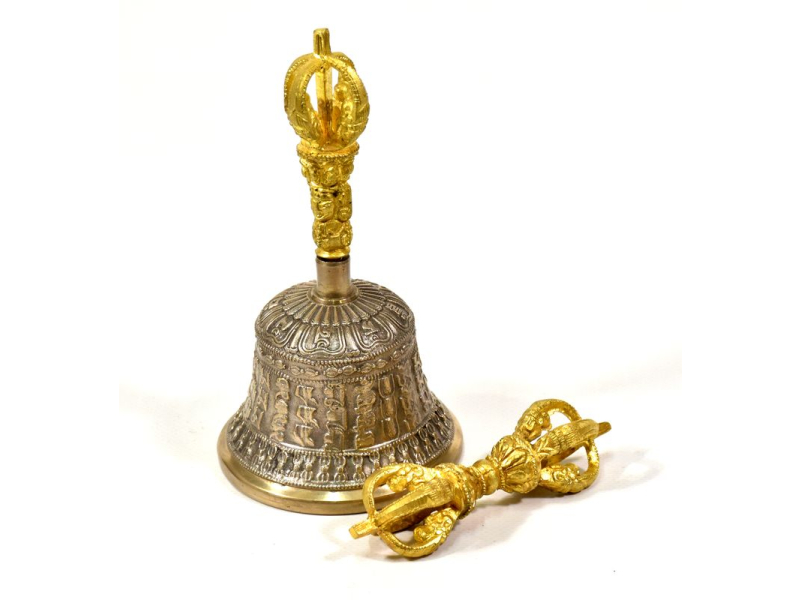 Tibetský zvon a dorje, mosaz, zlatá barva, ornament, 16cm