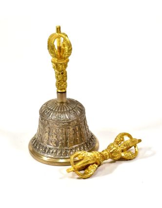 Tibetský zvon a dorje, mosazná barva, ornament, 16cm