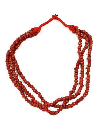 Masivní dlouhý náhrdelník, 3-řadý, červené korále, zapínání