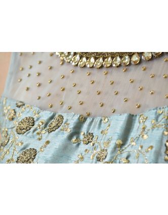 Luxusní indické šaty "Anarkali", modro stříbrné, zlaté fltry, šál