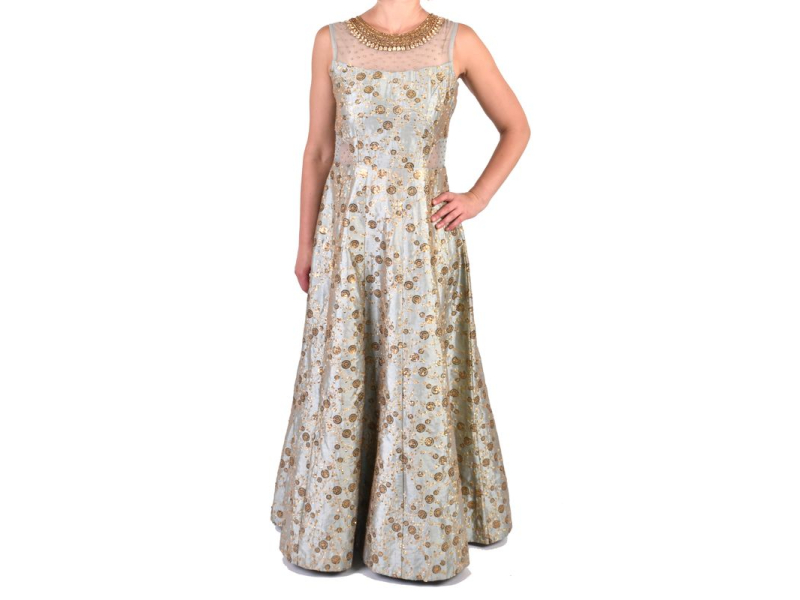 Luxusní indické šaty "Anarkali", modro stříbrné, zlaté flitry, šál