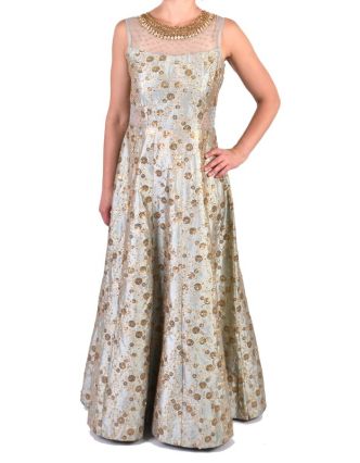 Luxusní indické šaty "Anarkali", modro stříbrné, zlaté flitry, šál
