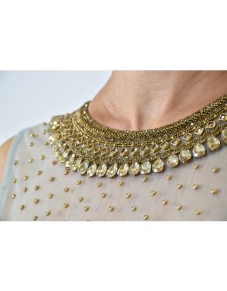 Luxusní indické šaty "Anarkali", modro stříbrné, zlaté fltry, šál
