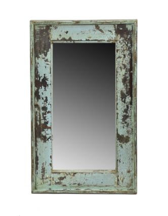 Zrcadlo v rámu, starý teak, antik tyrkysová patina, 34x56x3,5cm