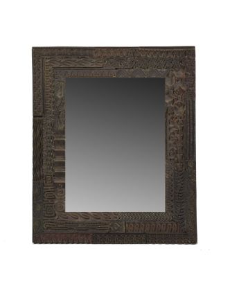 Zrcadlo v rámu s antik řezbou, starý teak, tmavě hnědé, 38x46x3cm