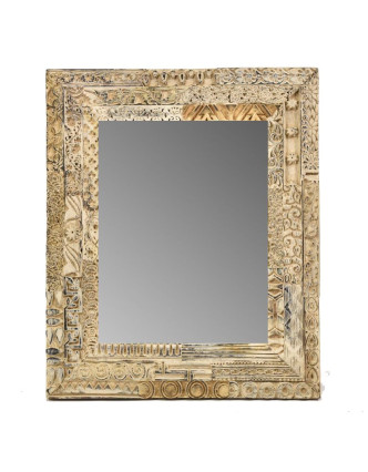 Zrcadlo v rámu s antik řezbou, starý teak, bílá patina, 38x46x3cm