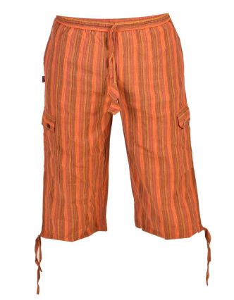 Oranžové pruhované tříčtvrteční unisex kalhoty s kapsami, elastický pas