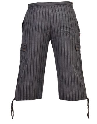 Černé pruhované tříčtvrteční unisex kalhoty s kapsami, elastický pas