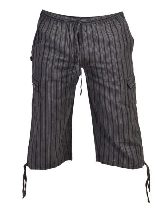 Černé pruhované tříčtvrteční unisex kalhoty s kapsami, elastický pas