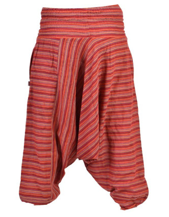 Turecké kalhoty, dlouhé, červené, proužky, žabičkování v pase