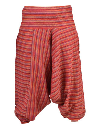 Turecké kalhoty, dlouhé, červené, proužky, žabičkování v pase
