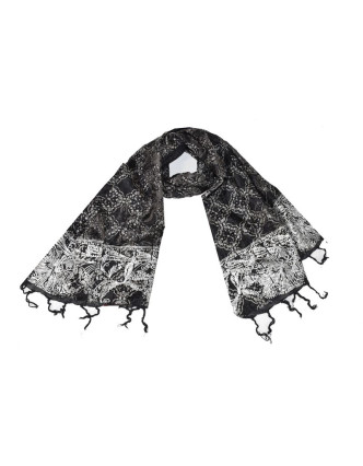 Šátek hedvábí, černý, šedý-stříbrný tisk, prošívání, flitry, třásně, 47x140cm
