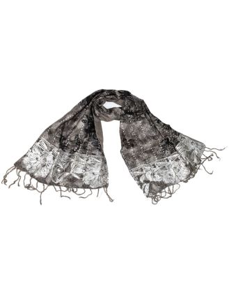 Šátek hedvábí, šedý, stříbrný tisk, prošívání, flitry, třásně, 45x140cm