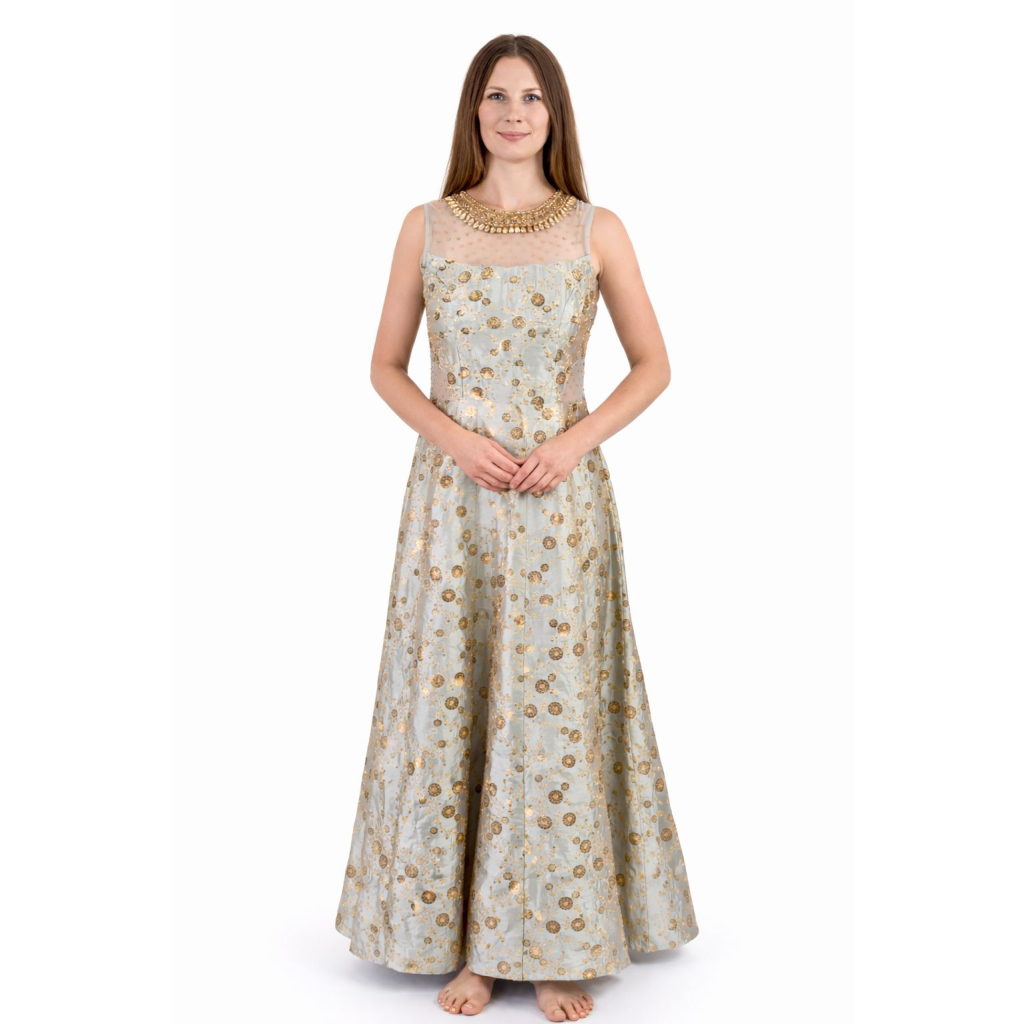 Luxusní indické šaty "Anarkali", modro stříbrné, zlaté flitry, šál M/L 