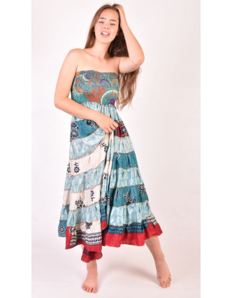 Multibarevná dlouhá patchworková sukně (šaty) z recyklovaných sárí, bobbin