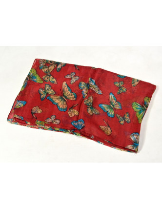 Hedvábný šátek s motivem motýlů, červený, 170x105cm