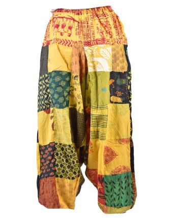 Unisex turecké kalhoty, patchwork design, elastický pas, žluté