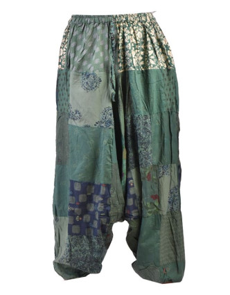 Unisex turecké kalhoty, patchwork design, elastický pas, zelené