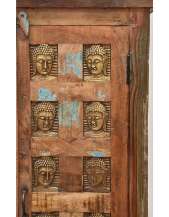 Skříň z teakového dřeva, zdobená mosaznými Buddhy, 80x40x150cm
