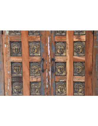 Komoda z teakového dřeva, zdobená mosaznými Buddhy, 77x40x103cm