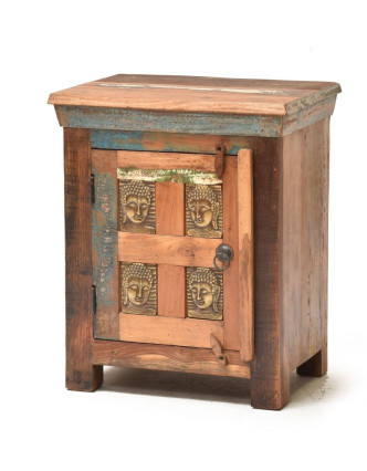 Noční stolek z antik teakového dřeva zdobený reliefy Buddhů, 50x45x60cm