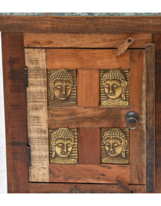 Noční stolek z antik teakového dřeva zdobený reliefy Buddhů, 50x45x60cm