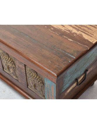 Truhla z teakového dřeva zdobená mosaznými Buddhy, 120x46x46cm