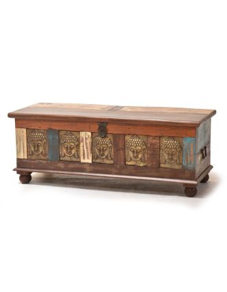 Truhla z teakového dřeva zdobená mosaznými Buddhy, 120x46x46cm
