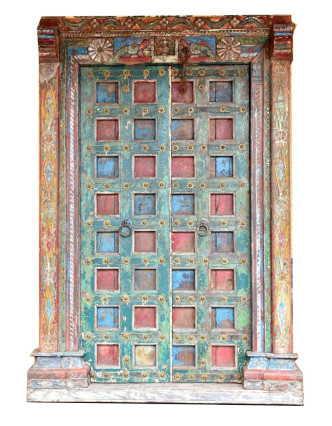Antik dveře s rámem z Gujaratu, teakové dřevo, malované, 150x24x218cm