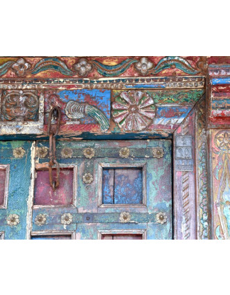Antik dveře s rámem z Gujaratu, teakové dřevo, malované, 150x24x218cm