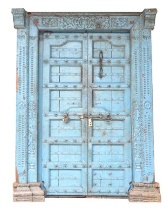 Antik dveře s rámem z Gujaratu, teakové dřevo, malované, 155x28x220cm