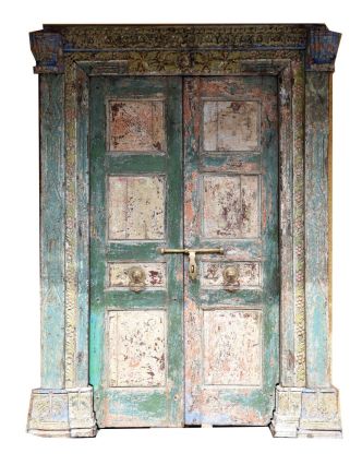 Antik dveře s rámem z Gujaratu, teakové dřevo, malované, 164x38x222cm