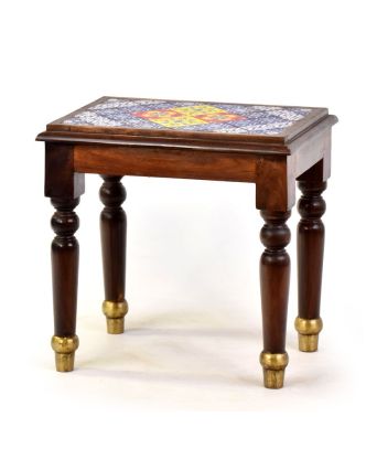 Stolička z palisandrového dřeva zdobená dlaždicemi, 42x30x42cm