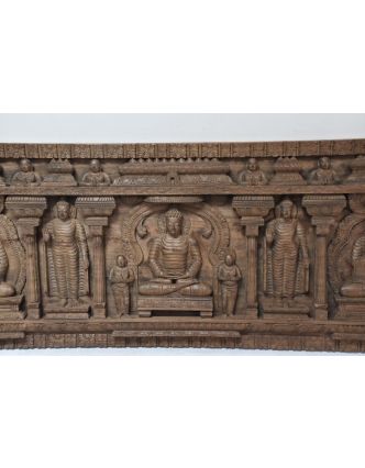 Vyřezávaný panel 5 Buddhů, antik, 228x8x68cm