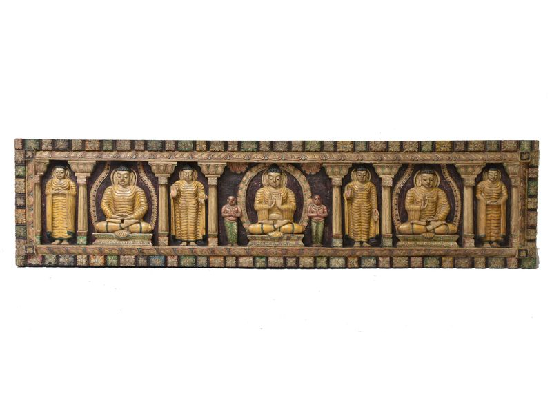 Vyřezávaný panel 5 Buddhů, malovaný antik, 212x7x52cm