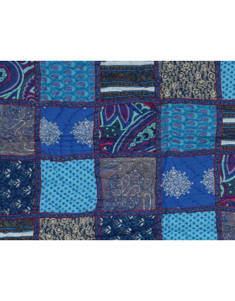 Patchworková, ručně prošívaná deka, modrá, výplň bavlna, 156x279cm