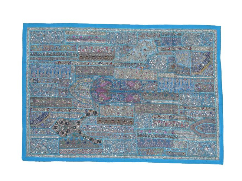Unikátní tapiserie z Rajastanu, tyrkysová, ruční zlaté vyšívání, 108x157cm