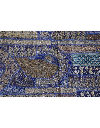 Unikátní tapiserie z Rajastanu, tmavě modrá, ruční zlaté vyšívání, 67x129cm