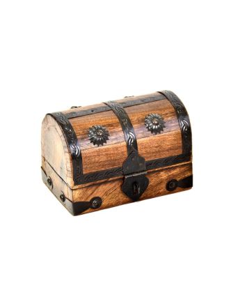 Dřevěná truhlička z mangového dřeva zdobená kováním, 13x8x9cm