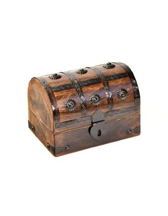 Dřevěná truhlička z mangového dřeva zdobená kováním, 17x12x12cm