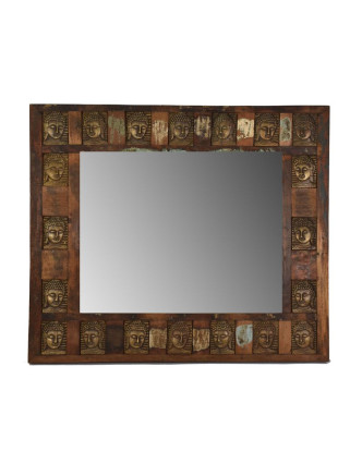 Zrcadlo v rámu zdobeném reliéfy buddhů, antik teak, 90x80x4cm