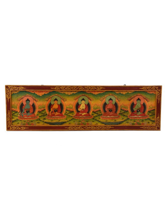 Dřevěný panel, Pět Dhjáni Buddhů, ručně malované, 129x38x2cm
