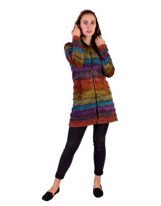 Prodloužená multibarevná mikina s kapucí, rainbow design zip, kapsy