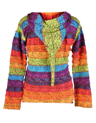 Multibarevná patchworková mikina se špičatou kapucí a potiskem, kapsy, zip
