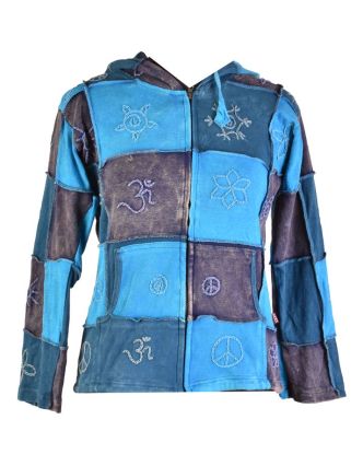 Modrá patchworková mikina s kapucí , prostřihy a výšivky, kapsy, zip