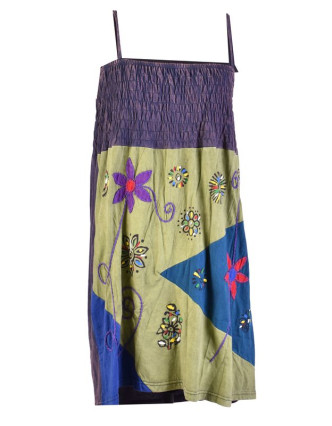 Mini šaty na ramínka, fialovo-šedo zelené, aplikace květin