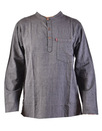 Šedivá pánská košile-kurta s dlouhým rukávem a kapsičkou, měkčené provedení