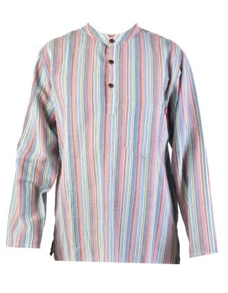 Pruhovaná pánská košile-kurta s dlouhým rukávem a kapsičkou, světle modrá