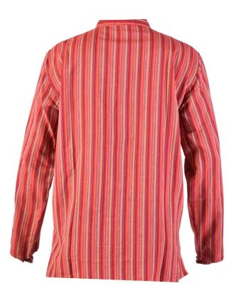 Pruhovaná pánská košile-kurta s dlouhým rukávem a kapsičkou, červená